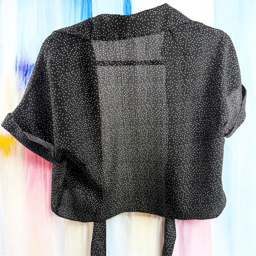 Urban Outfitters Sheer Black Polka Dot Tie-Front Top Rolled Sleeves Crop Top S - Picture 3 of 12